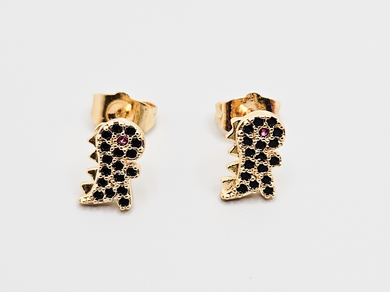 Dinosaur Stud Earrings 18K Gold with Black Cubic Zirconia