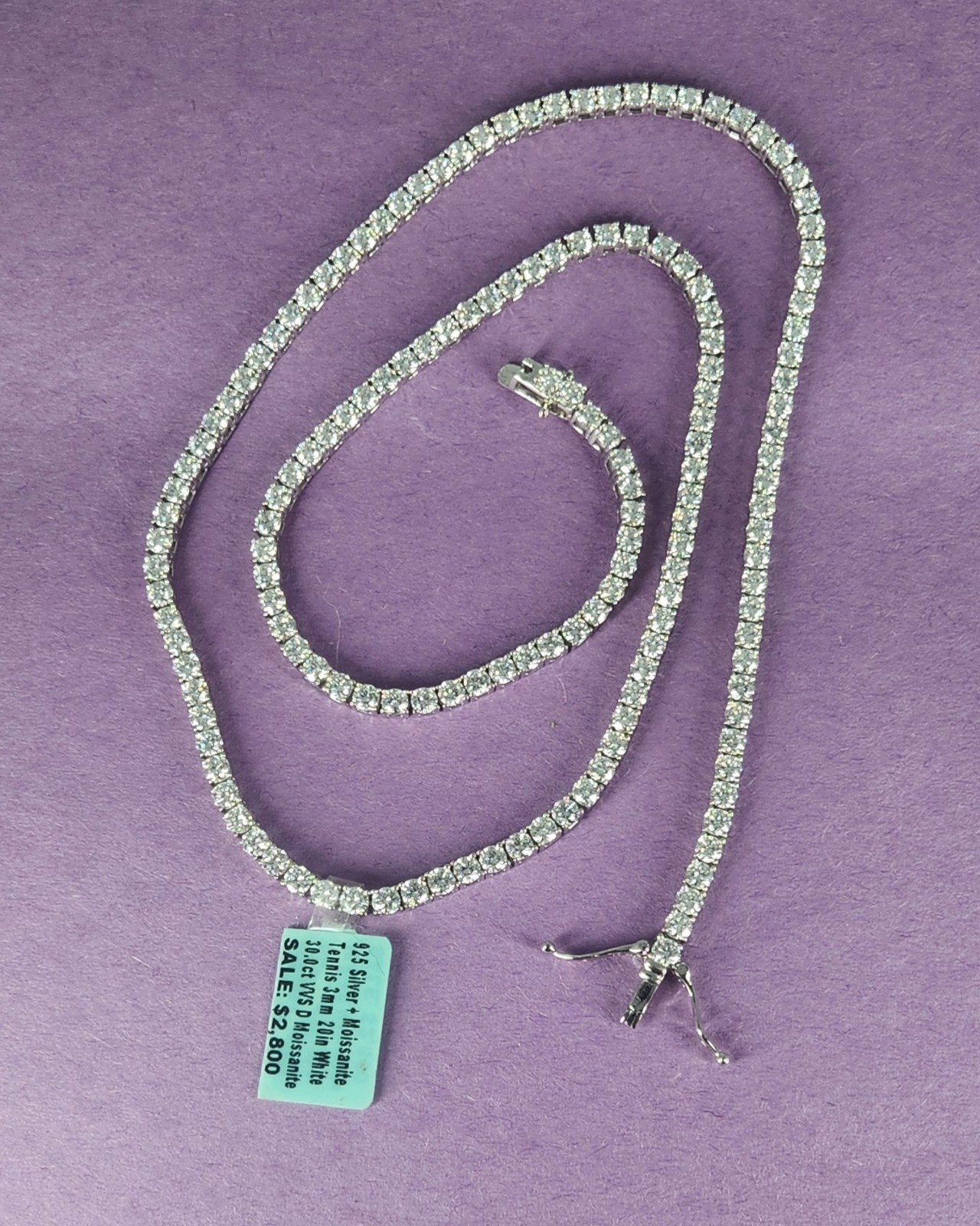 925 Silver + Moissanite 30.0 ct VVM 3mm 20″ Tennis Necklace