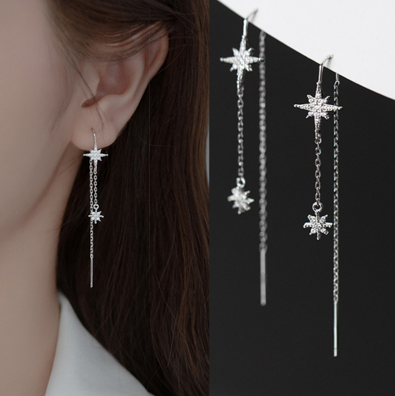 925 Sterling Silver Snowflake Star CZ Dangle Pull Through Threader Earrings PE48