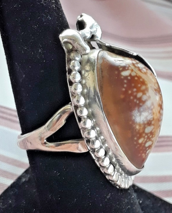 Native American Signed Sterling Silver Spotted Cowrie Shell Ring Size 18.5mm/8.5