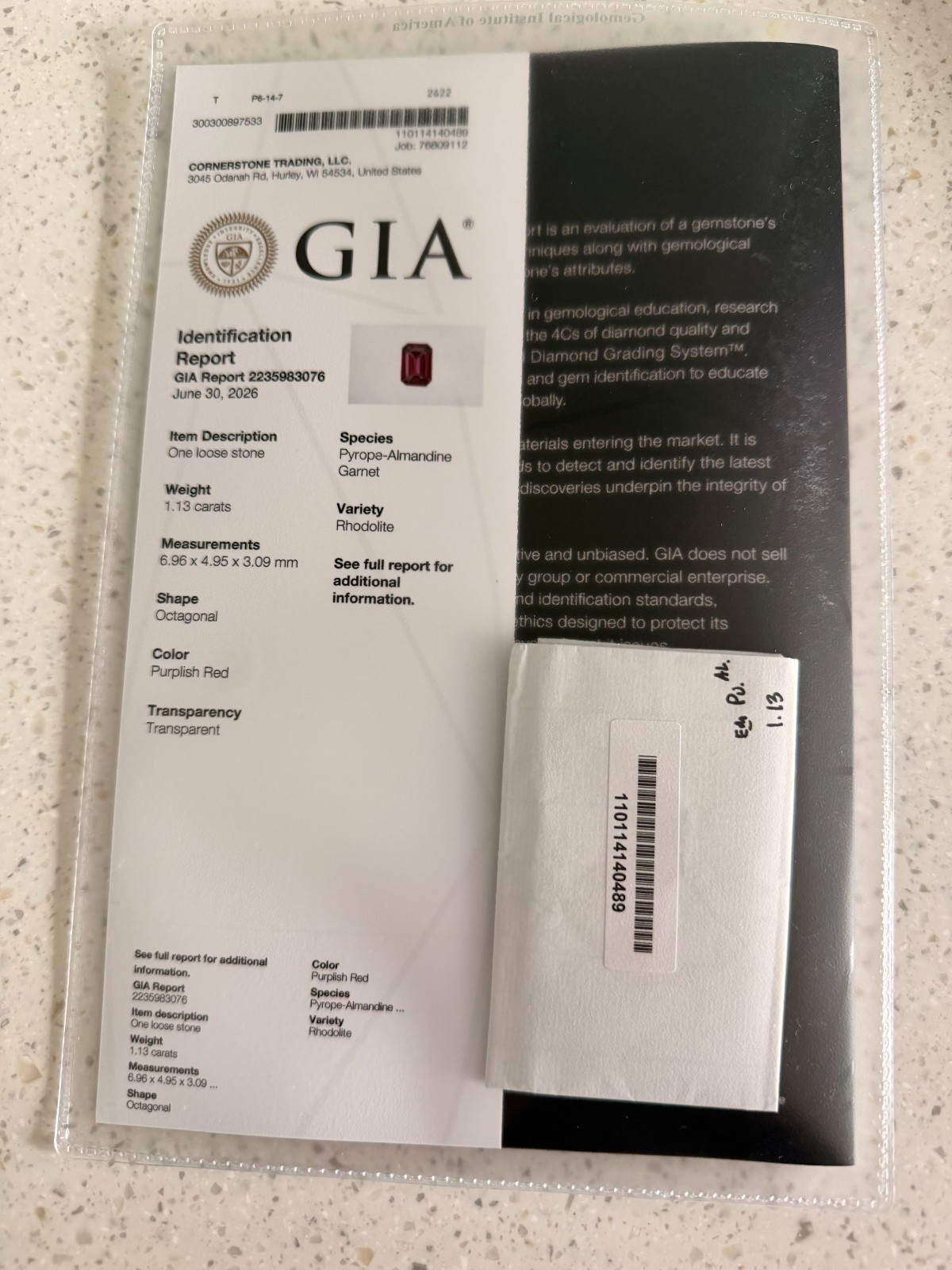 GIA Certified Natural 1.13 Ct Octagonal Red Pyrope-Almandine Garnet Gem Stone
