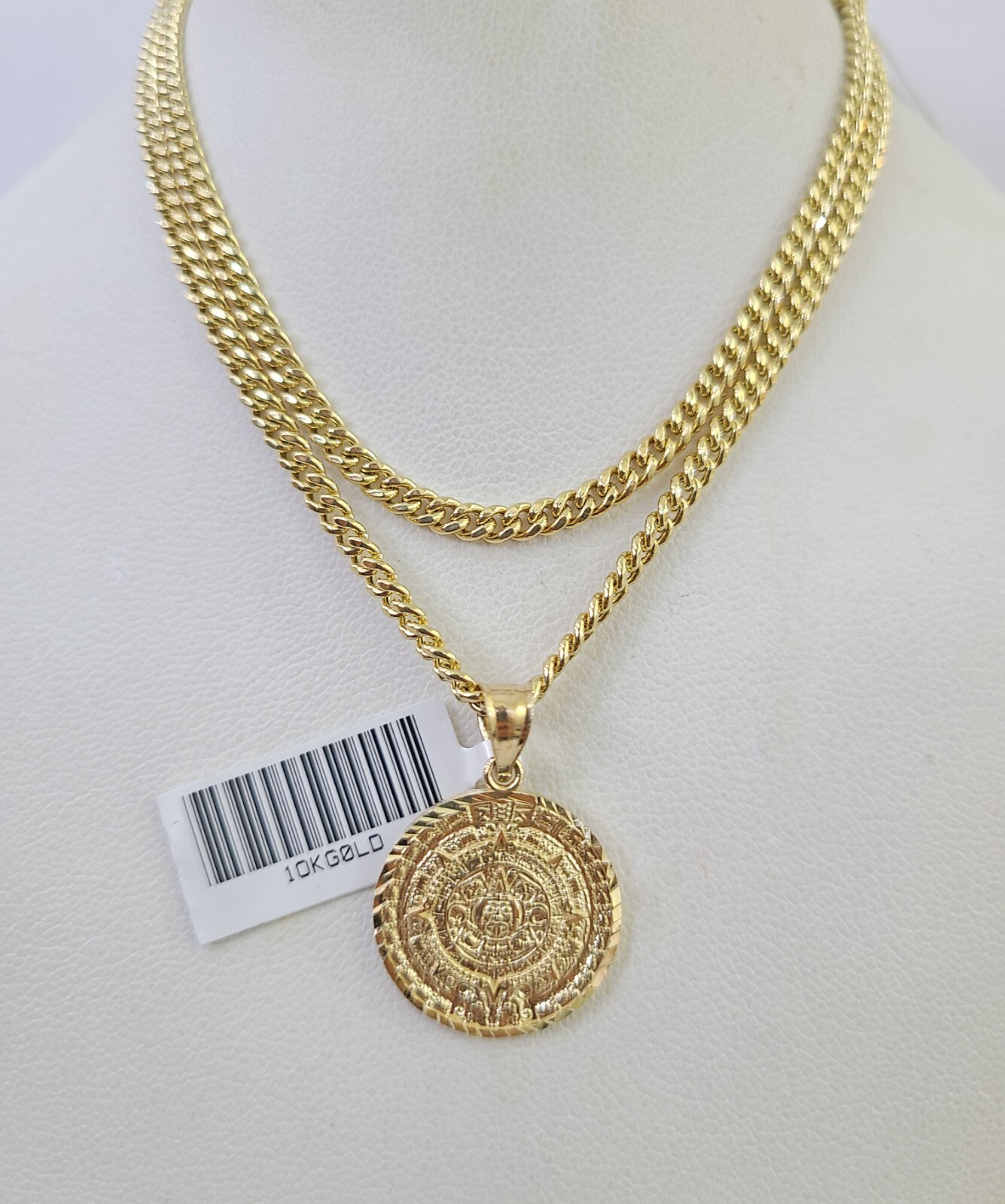 10K Gold Miami Cuban Chain Mayan Calendar 18″-28″ 3mm REAL Pendant Necklace SET