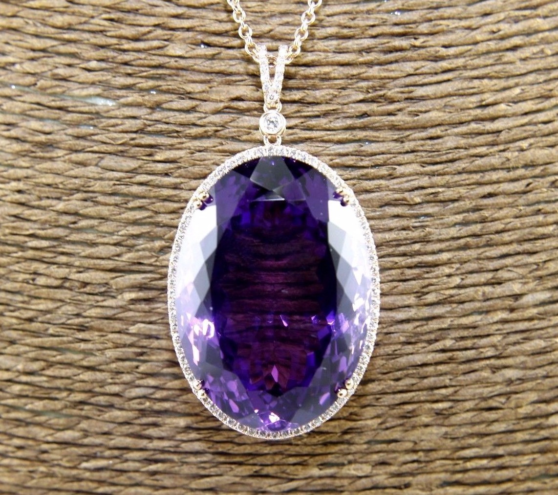 Natural Oval Purple Amethyst & Diamond Necklace Pendant 14K Rose Gold 54.0Ct