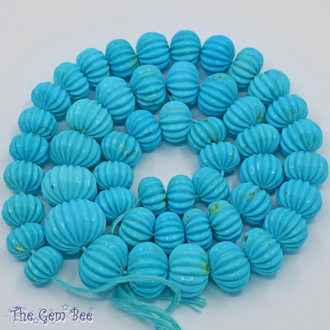 10.3MM-16MM Kingman Turquoise Hand Carved Melon Fluted Rondelle Bead 16.5 inch