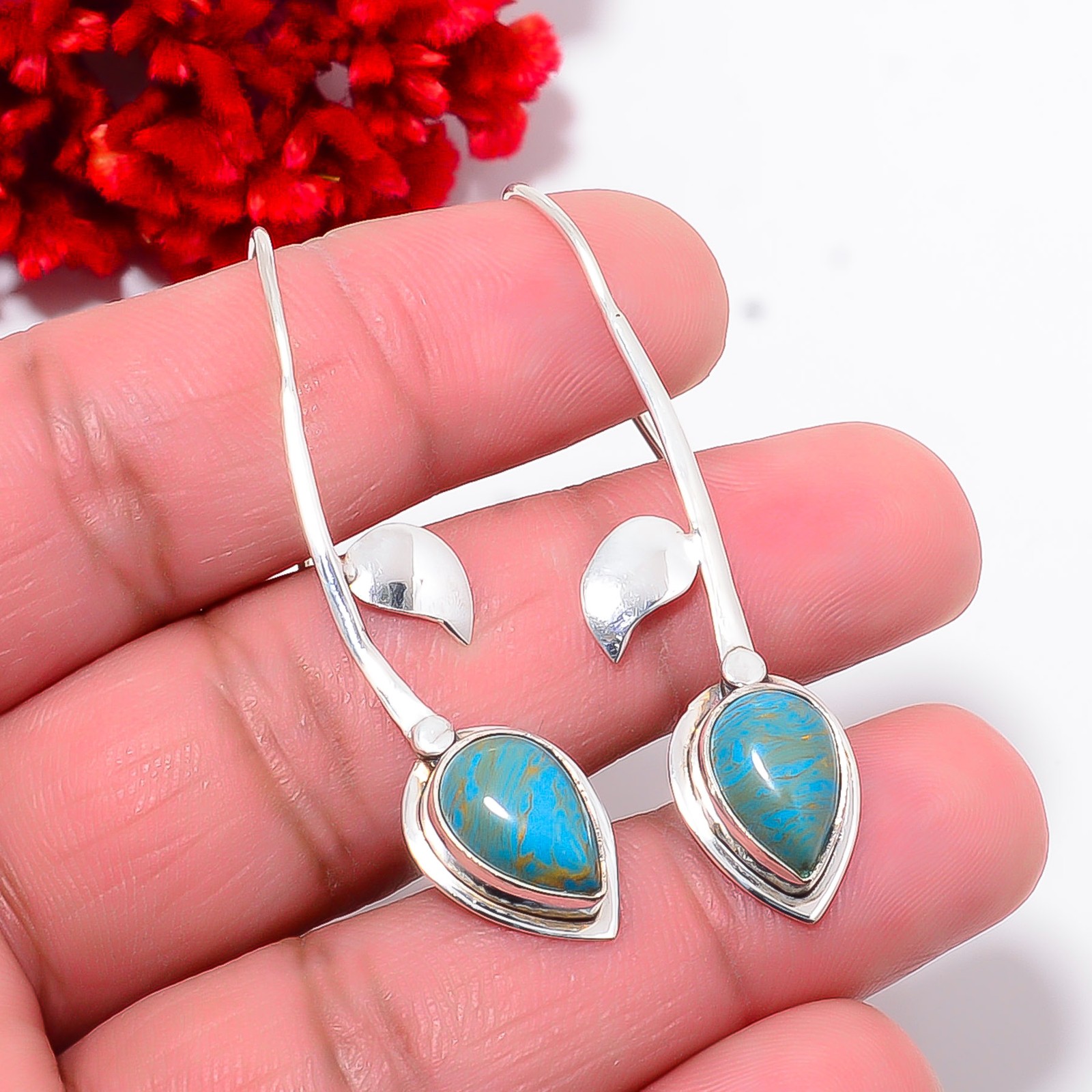 Copper Blue Turquoise Designer Handmade 925 Sterling Silver Earring 2.07″ E11118