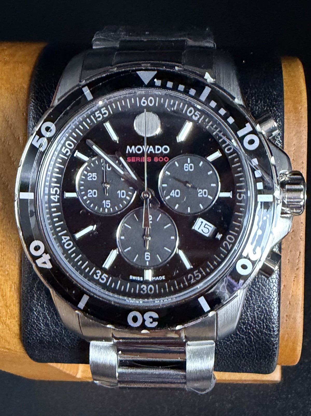 Movado Series 800 Black Dial & Bezel 42mm Chronograph Steel Watch Model #2600142