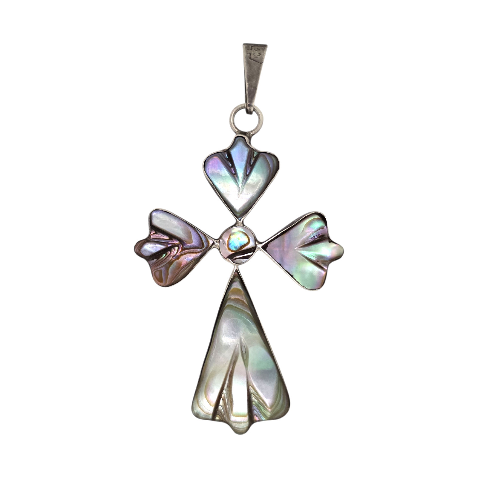MEXICAN STERLING SILVER REV ABALONE SHELL/BLACK STONE CROSS PENDANT 5.9GR #3555