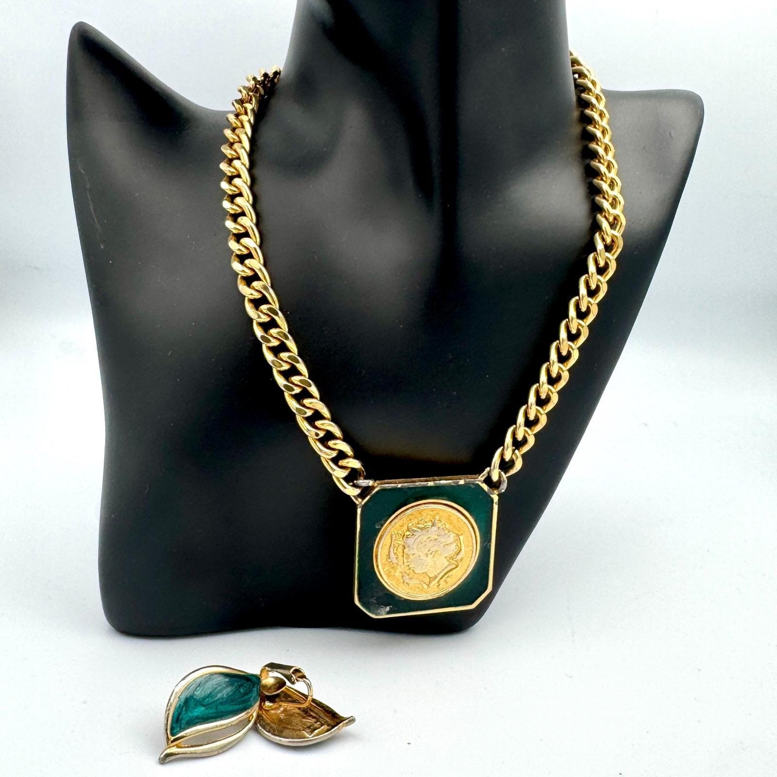 Gold Tone Roman Coin Medallion Necklace Earrings Set Enamel Heavy Curb Chain 93g