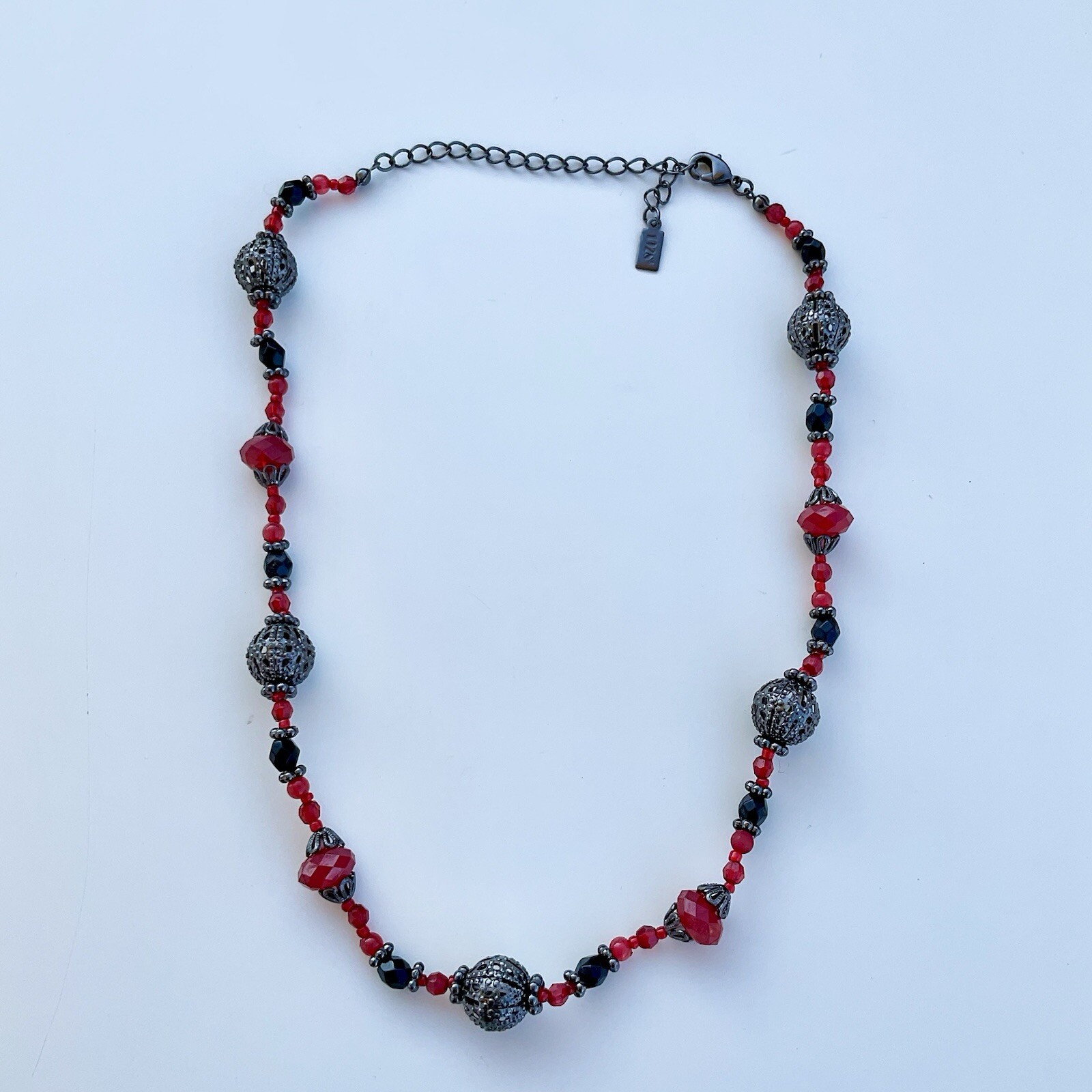 1928 Jewelry Red & Black Ornamental Beaded Necklace, 19” Adjustable