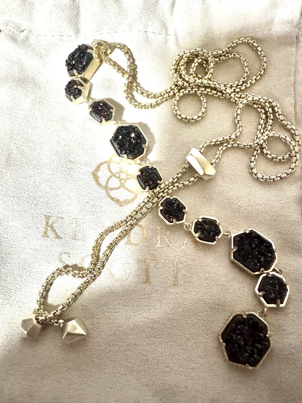 Kendra Scott Y Drop Adjustable Slider Necklace 20”with Multiple Black Drusy