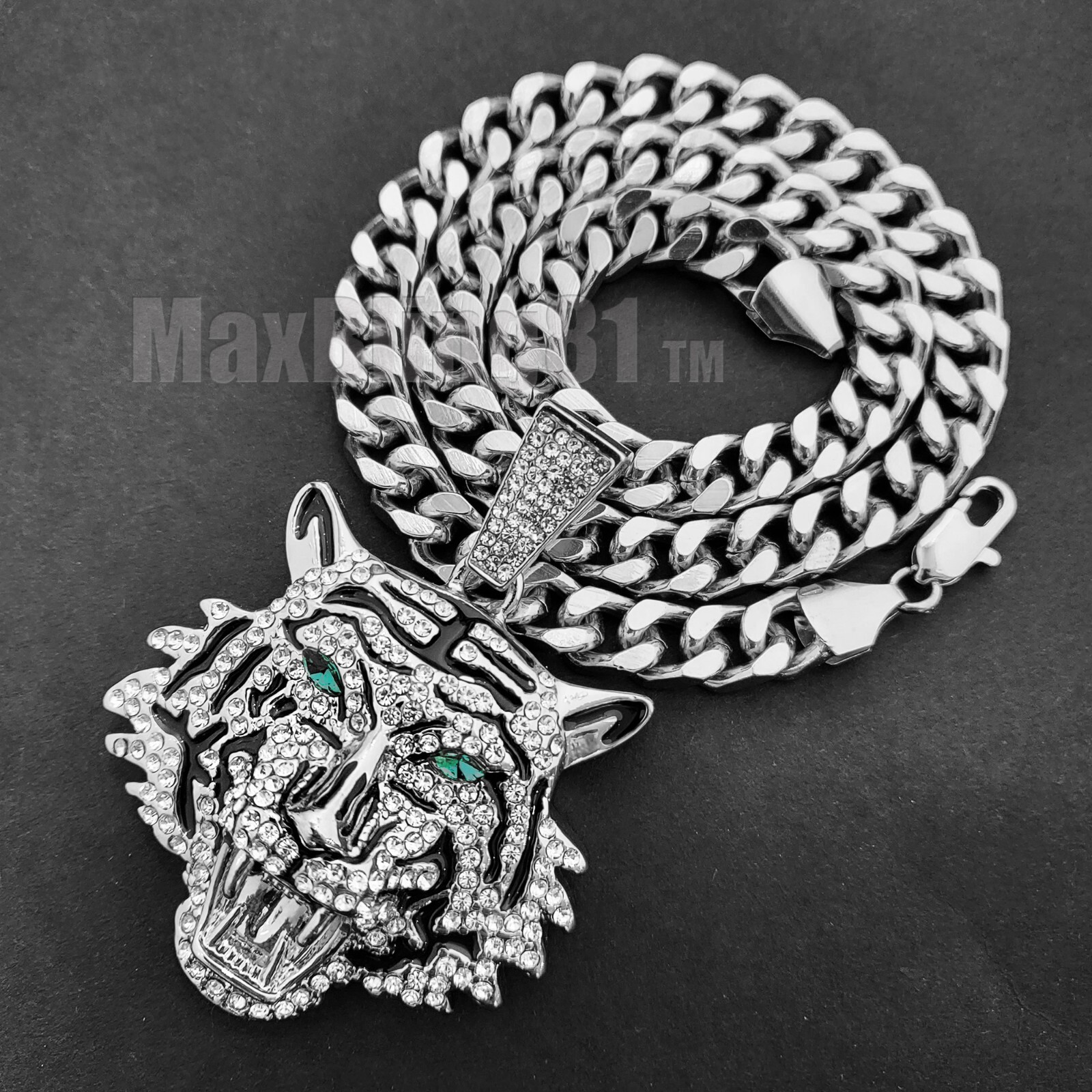 Silver Plated Alloy Cubic Zirconia Large Tiger Pendant & Cuban Chain Necklace