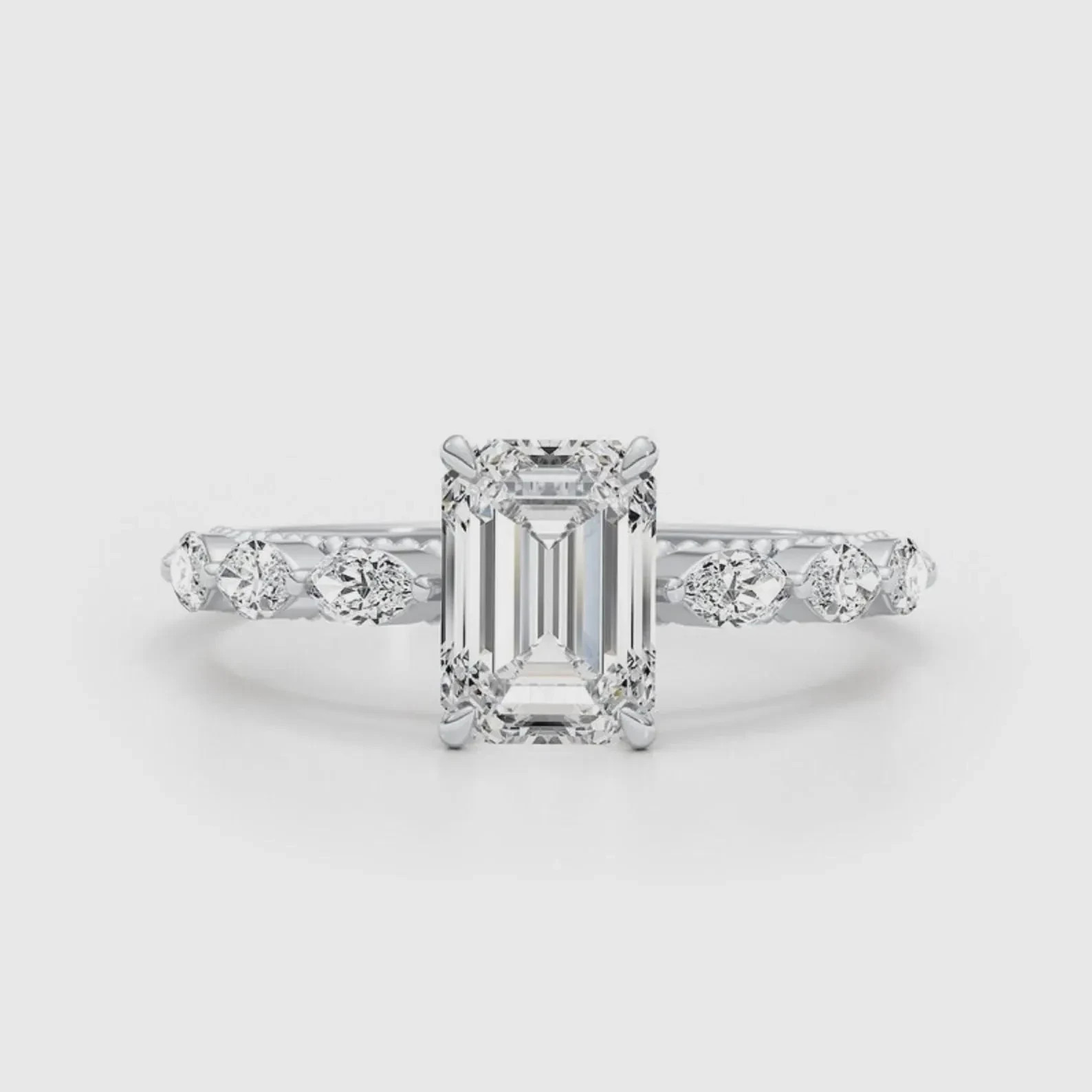 3.1CT Emerald Cut Moissanite Wedding Ring, Marquise Cut Accents Anniversary Gift