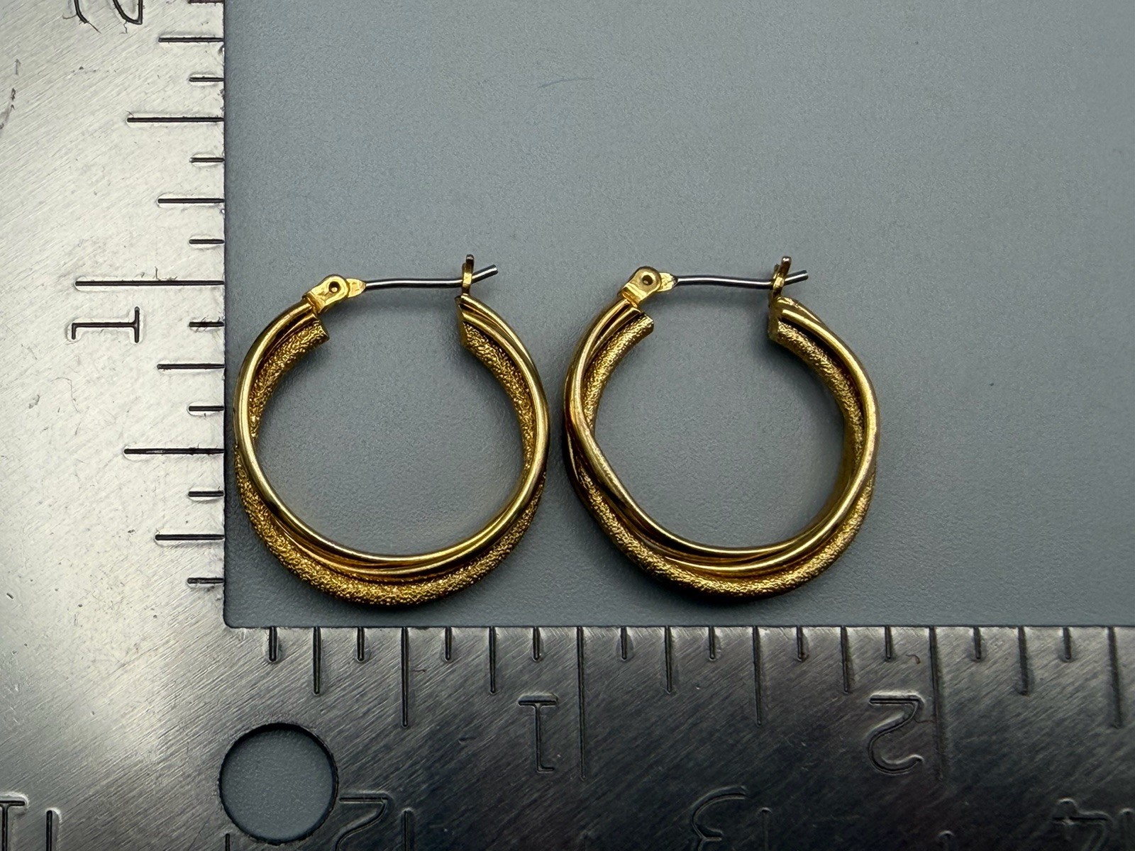 Gold Tone Hoop Earrings Textured Triple Row Snap Closure