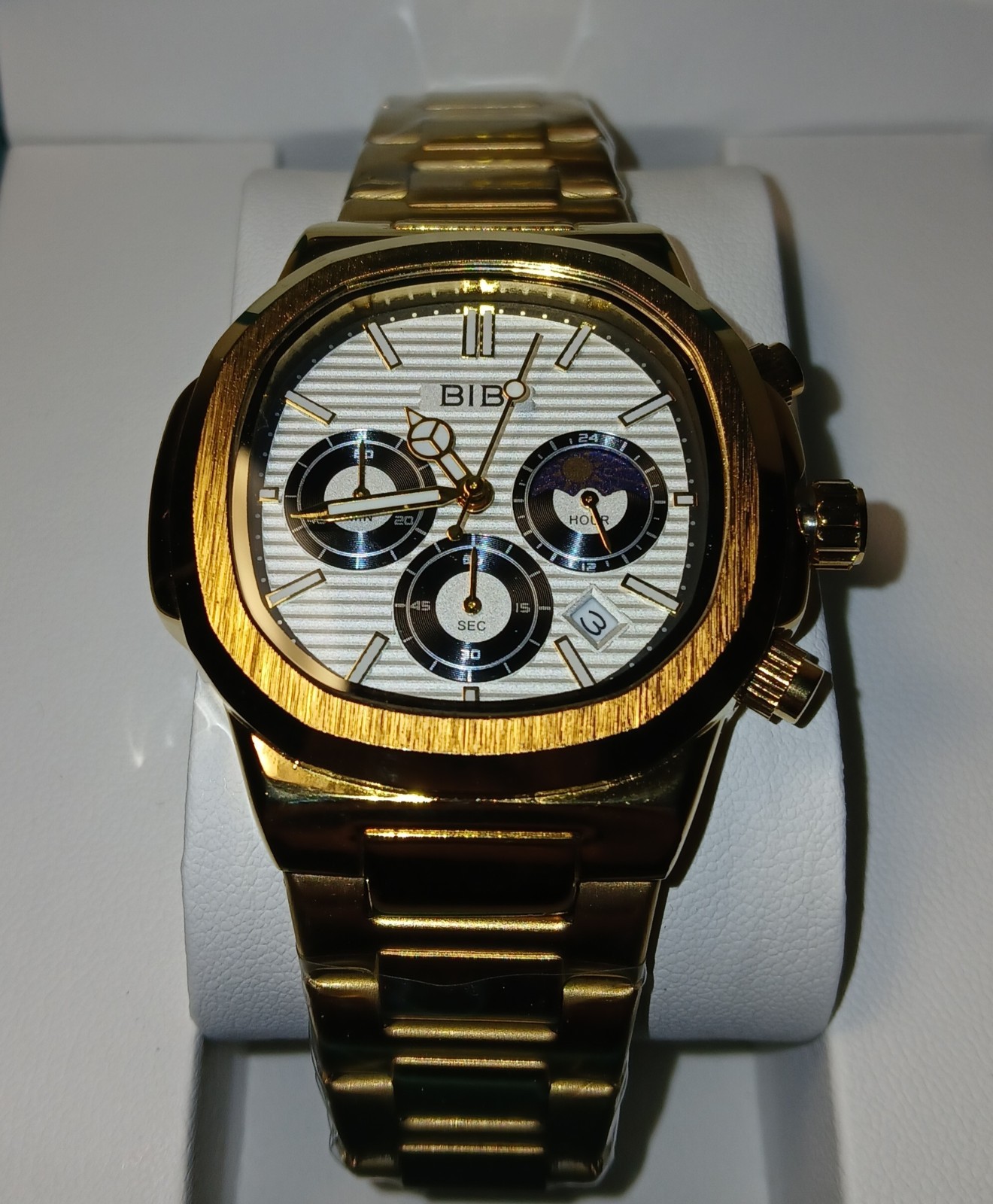 ​BIBI Mens Gold Tone Watch Quartz Chronograph Date Octagon Case New With Box