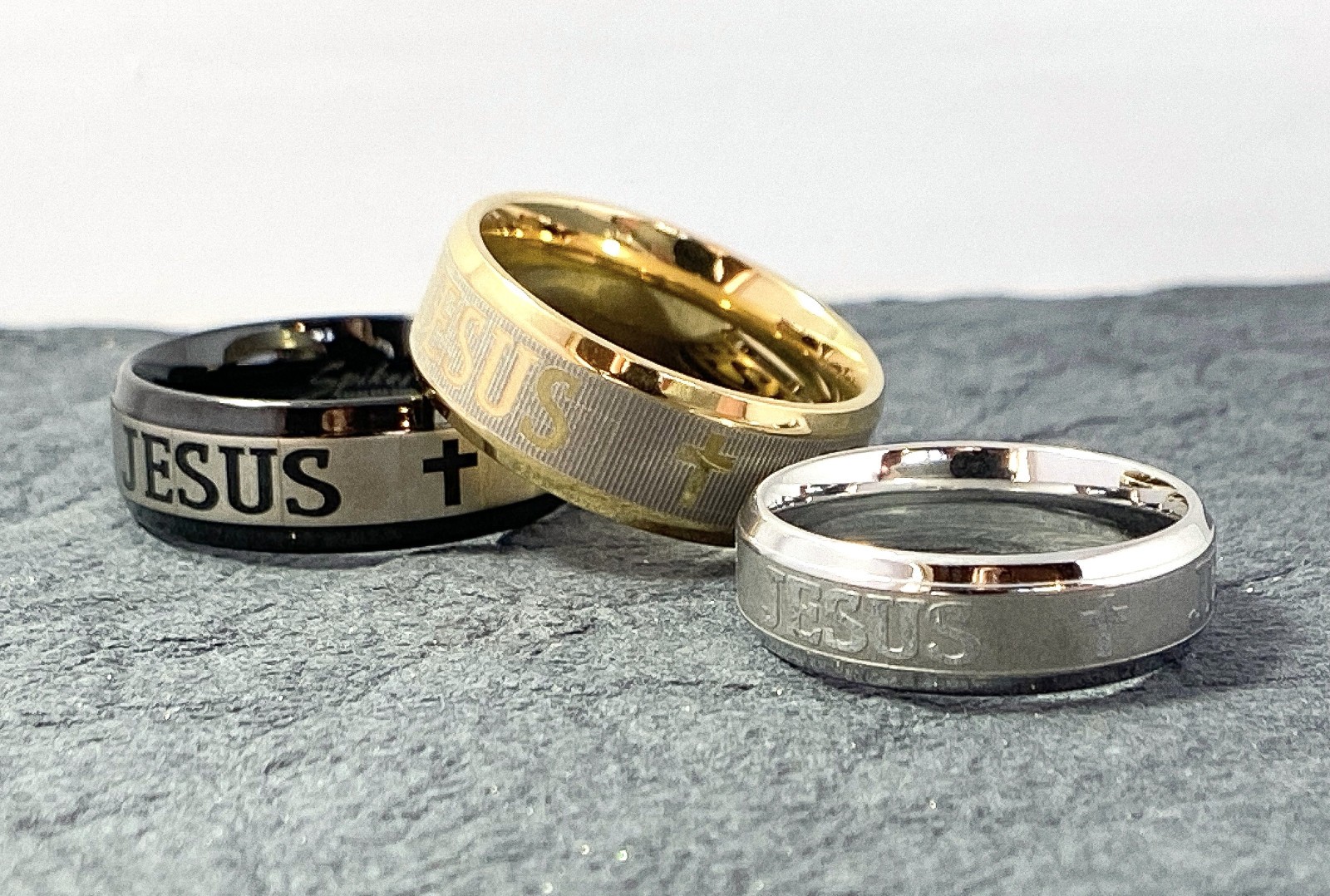 JESUS & Crosses Brushed Steel Center Stainless Steel Ring – Steel, Black or Gold
