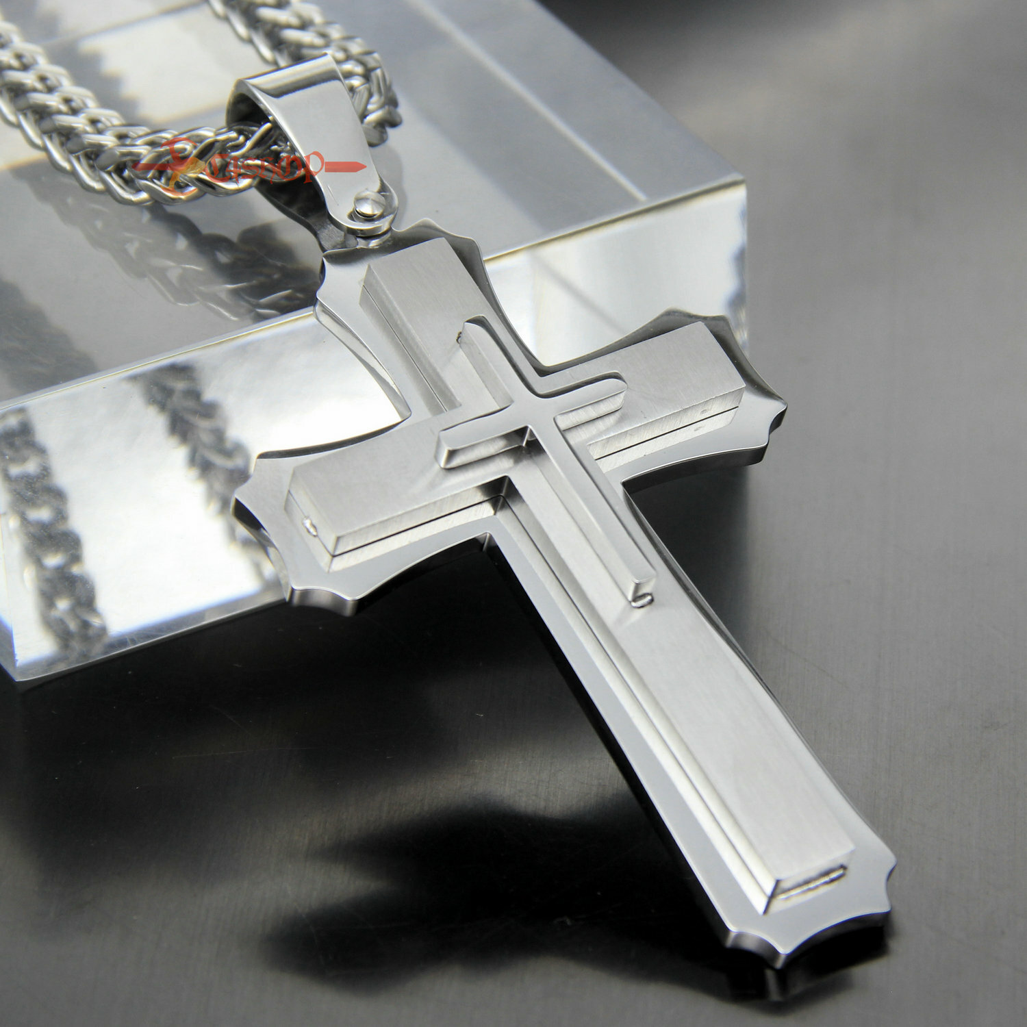 Heavy & Big Mens 3 Layer Stainless Steel Christian Cross Pendant Necklace Silver