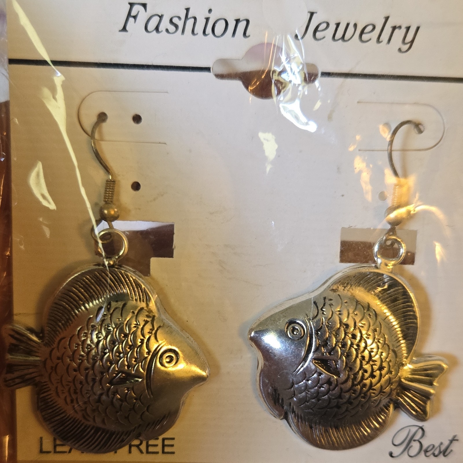Earrings Fish Design Silver Tone Dangle Hook Lead-Free Metal No Stone