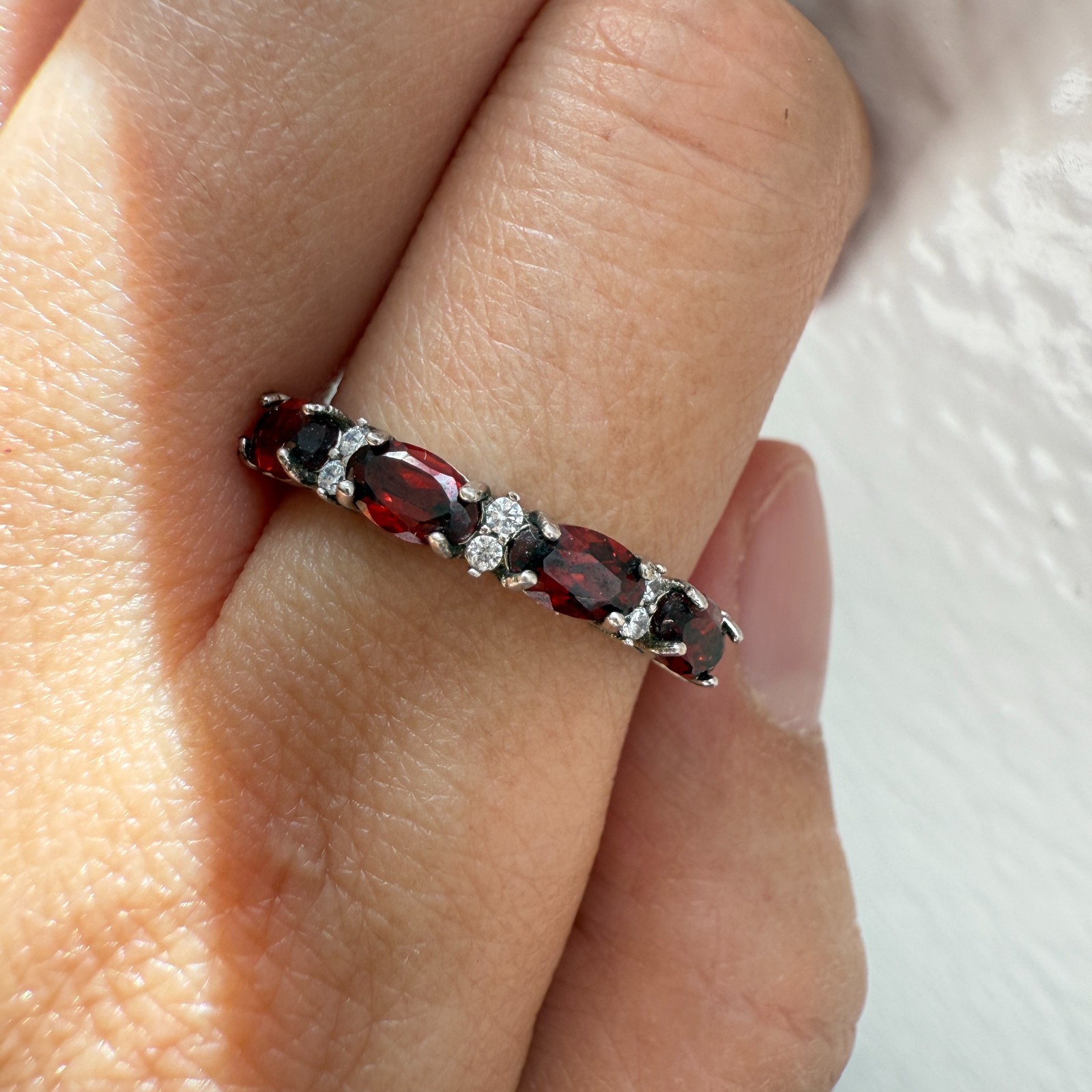925 Sterling Silver Ring 5x3mm Natural Rhodolite Garnet Gemstone Zircon Beaded