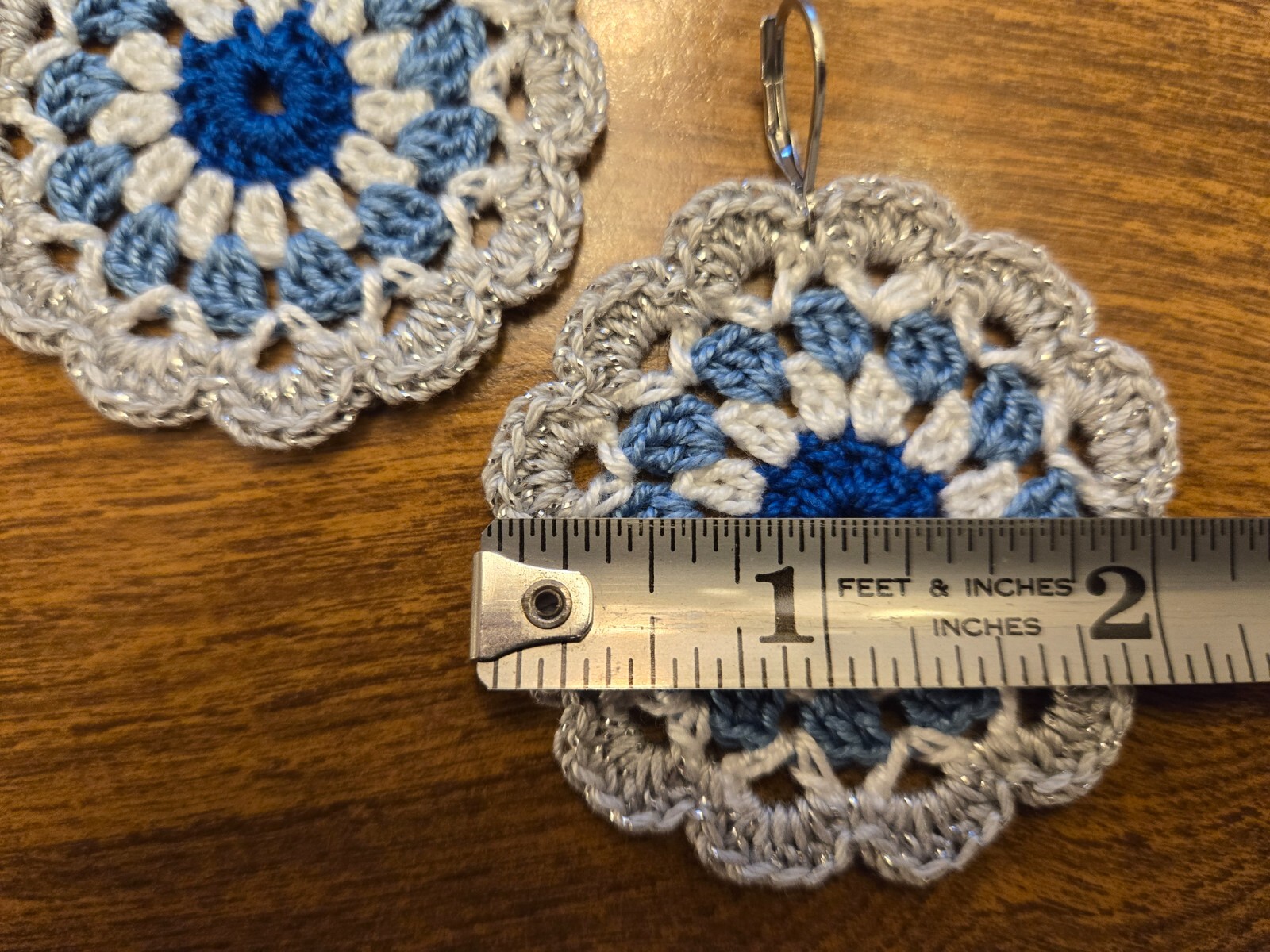 2″ Dallas Cowboys Inspired Crochet Earrings Blue White Silver Hand Made by Eve