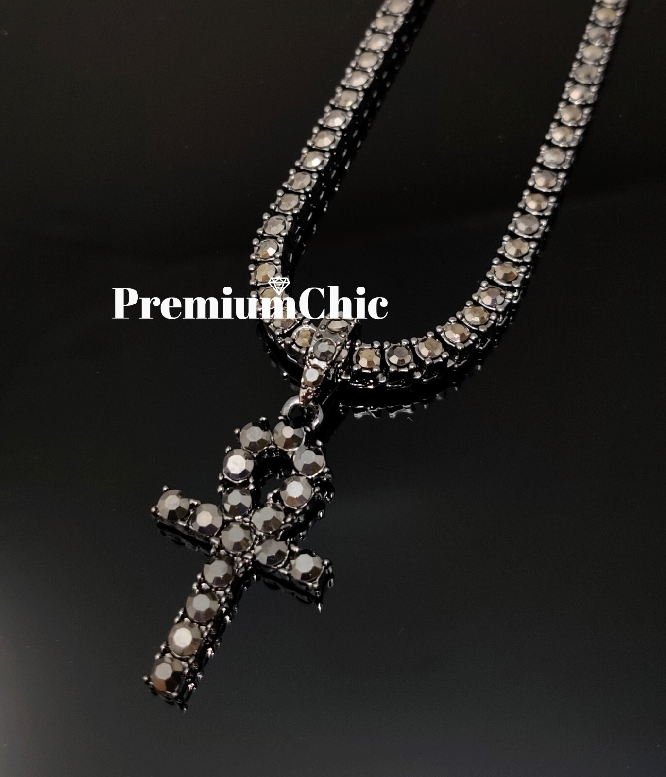 Iced ANKH Cross Pendant & Tennis Chain Mens Gold Plated CZ Hip Hop Necklace