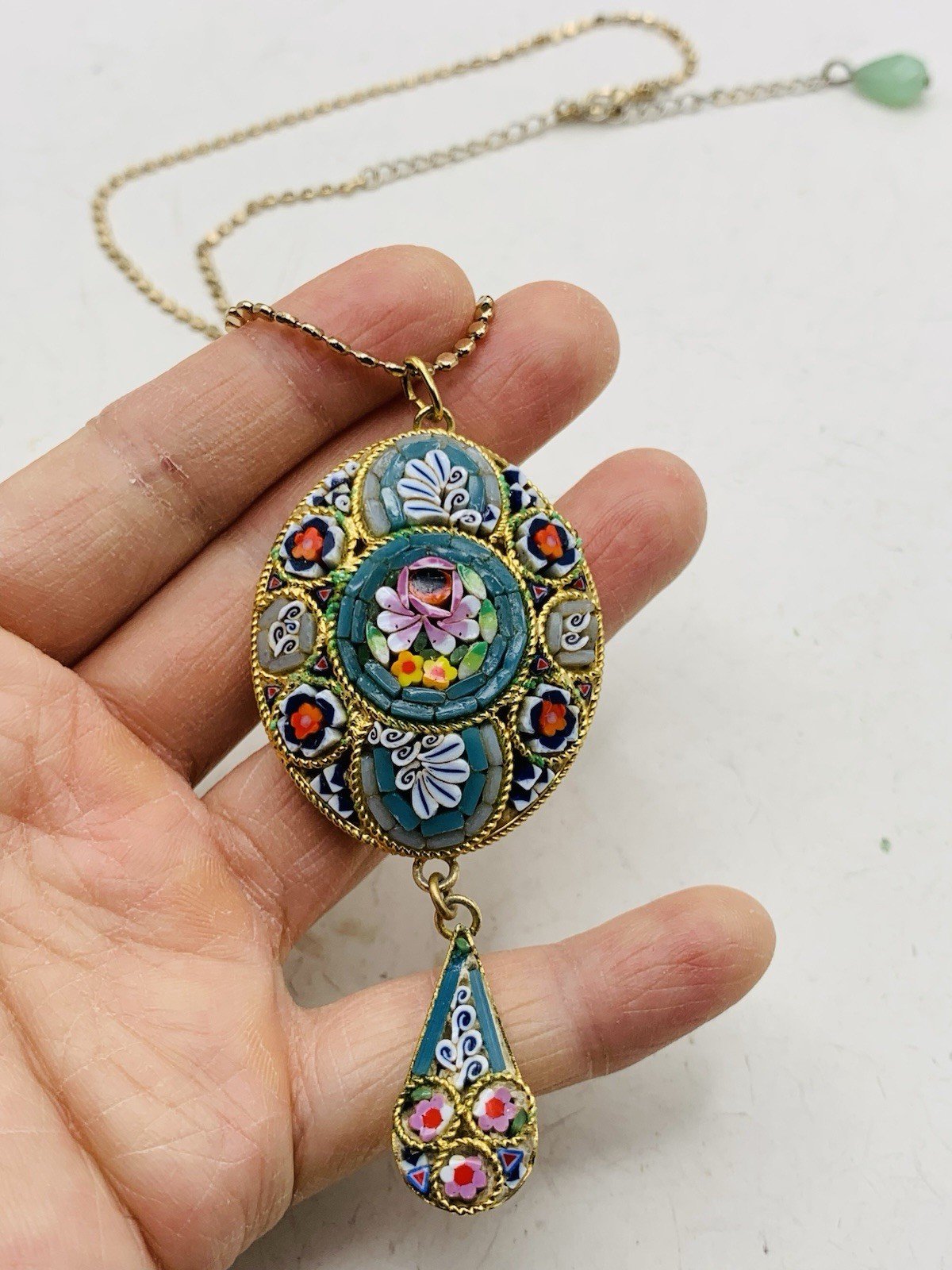 Vintage Colorful Boho Italian Micro mosaic Millefiori Floral Gold Tone Necklace