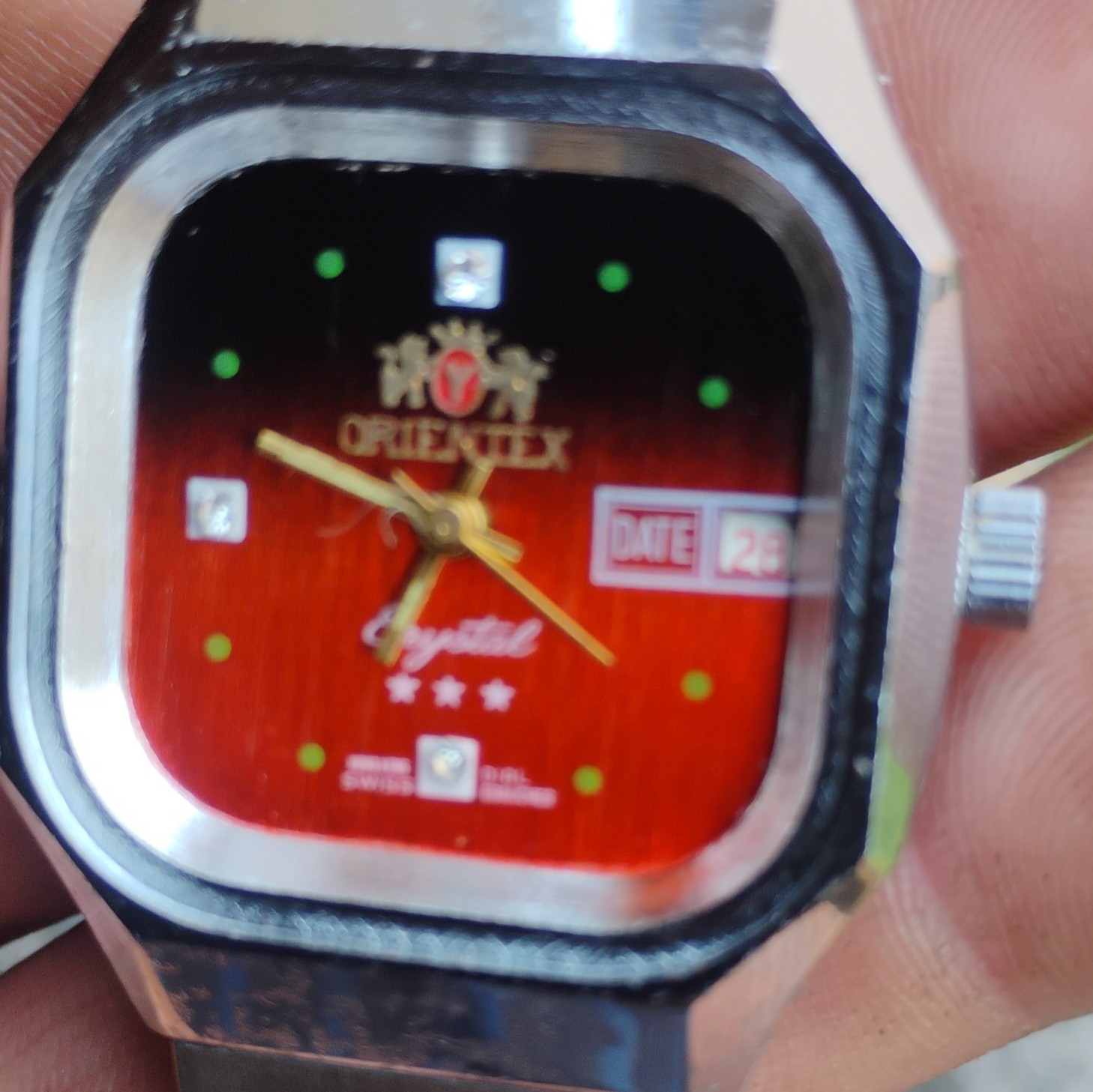ORIENTEX Crystal Men’s Quartz Square Watch Day/Date Red/Black Dial SS Bracelet
