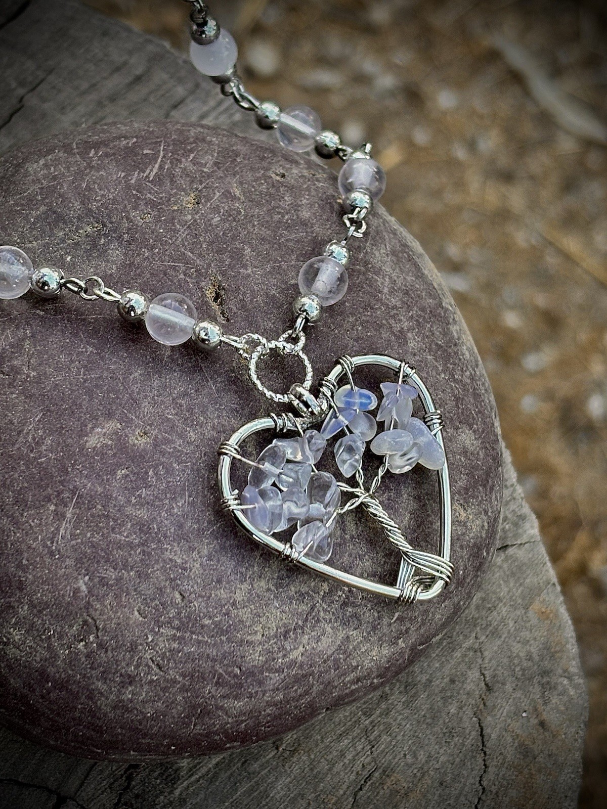 Handmade Heart Tree of Life Moonstone and Clear Quartz Necklace