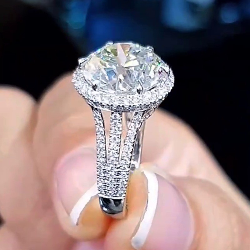 4.2TCW Round Cut Moissanite Three Row Halo Engagement Ring 14K White Gold Plated