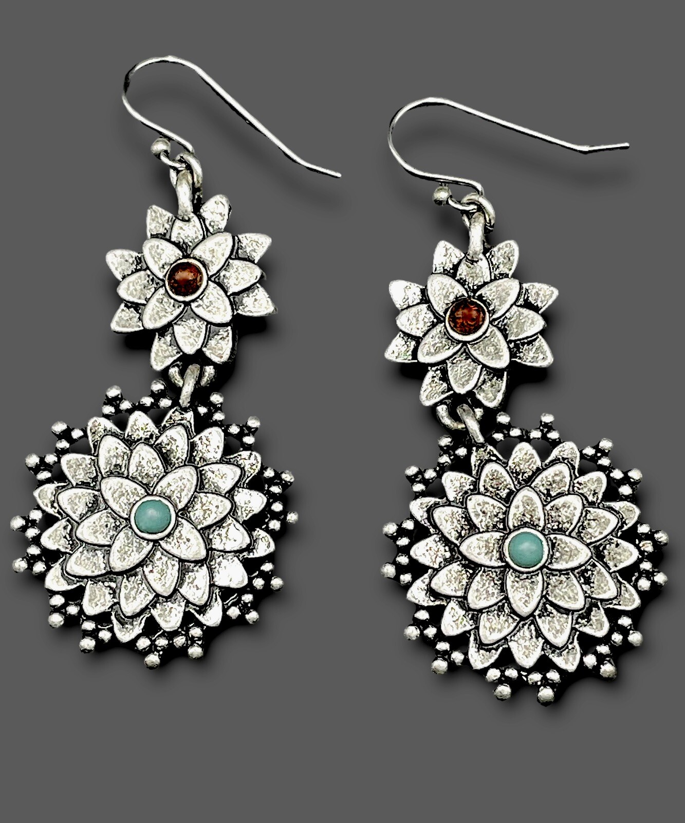 Double LOTUS DANGLE EARRINGS Boho Silver Tone Faux Turquoise Amber EUC🔥!SALE!🔥