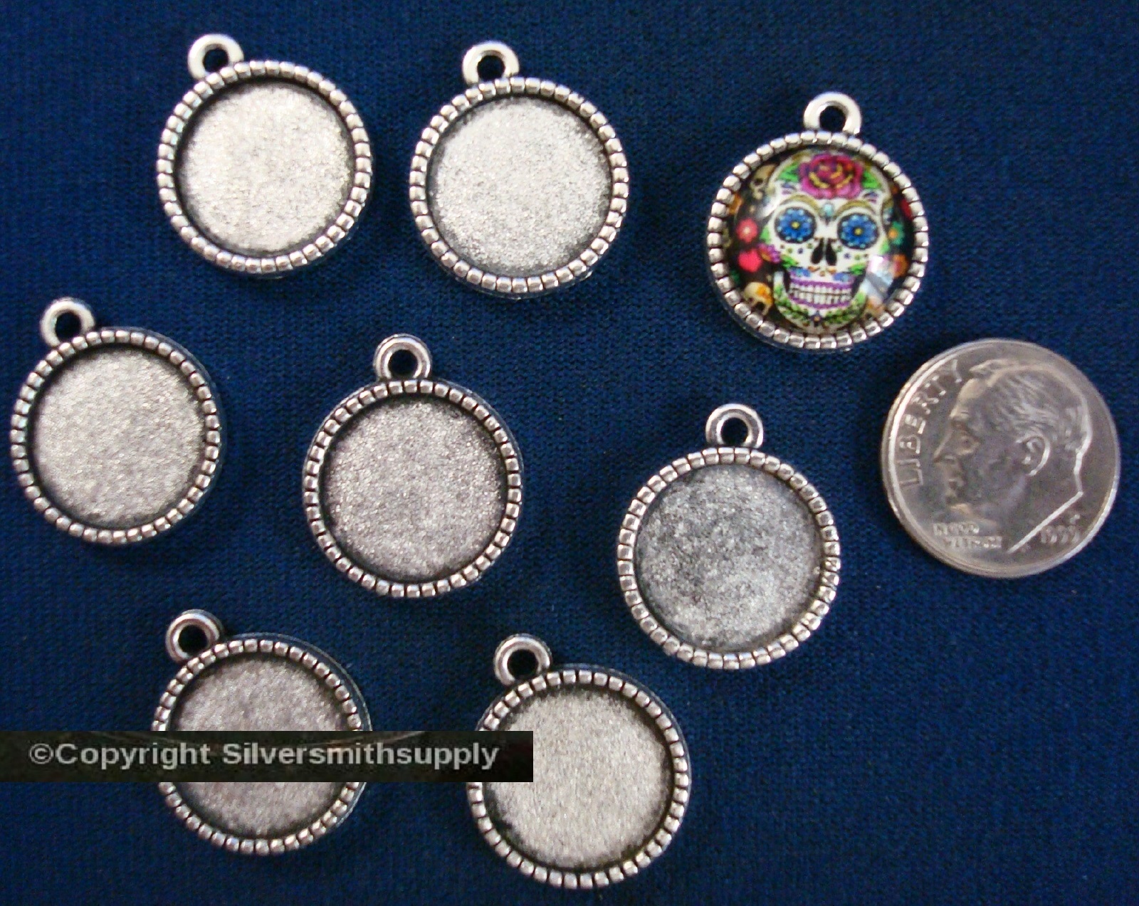 8 Bezel tray settings Silver pl holds 14mm cabochon pendant earring charm FPE170