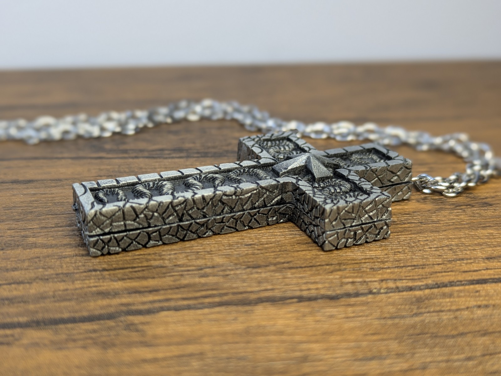 2¾” Silver Tone Cross Pendant Necklace Hidden Compartment, Secret Stash Locket