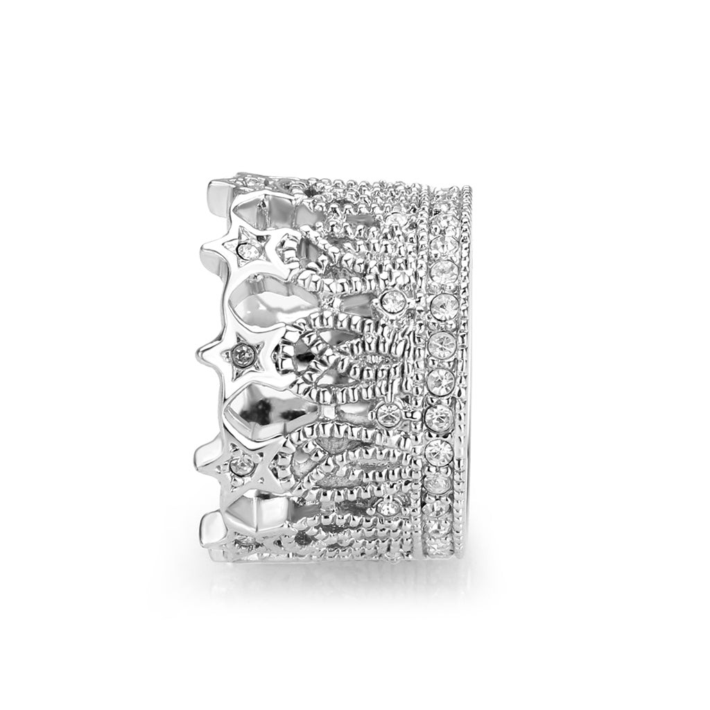 Women’s Crown Ring, CZ, Rhodium Plated, Brass, Wide Band, Sparkling Ring