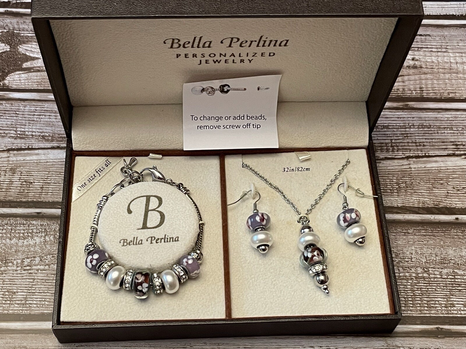 Bella Perlina SET Bracelet Necklace Earrings Slide Charm Purple White Beads NIB