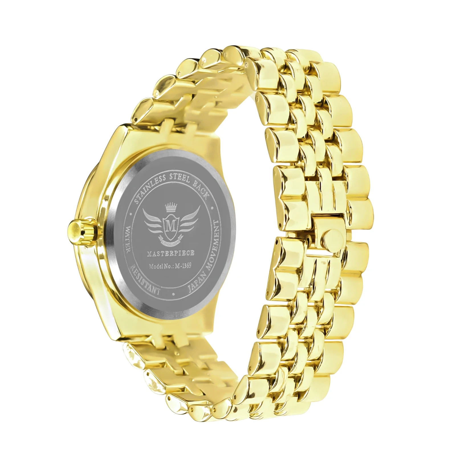 Mens Gold Tone Iced Out Quartz Watch Blue Dial Crystal Bezel Dress Watch 43mm