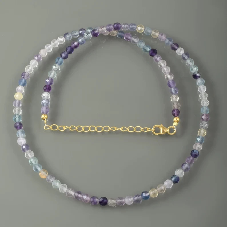 Natural Multicolor Fluorite Necklace 4mm Beaded Handmade 18″ 925 Sterling Silver