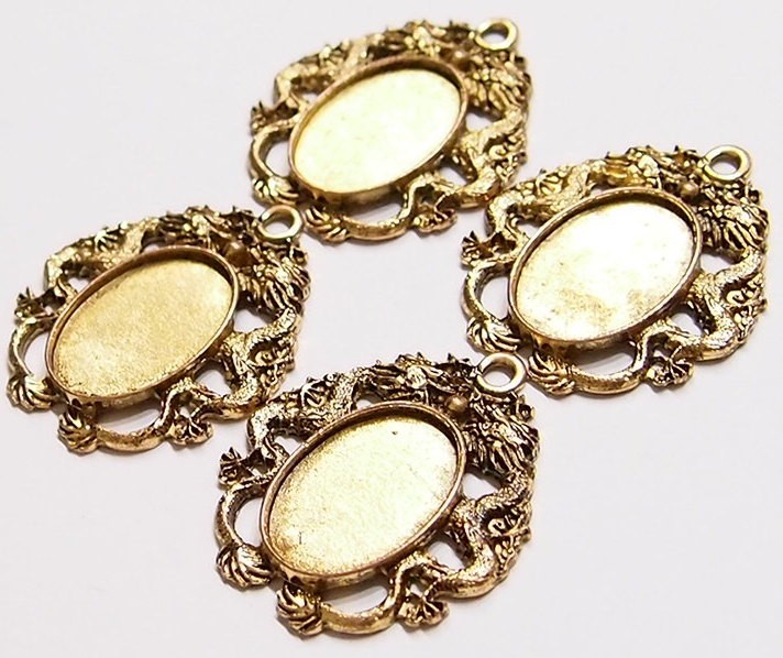 4 of 25x18mm Antique Gold Victorian Deco Dragon Cab Pendant Settings 44x39mm