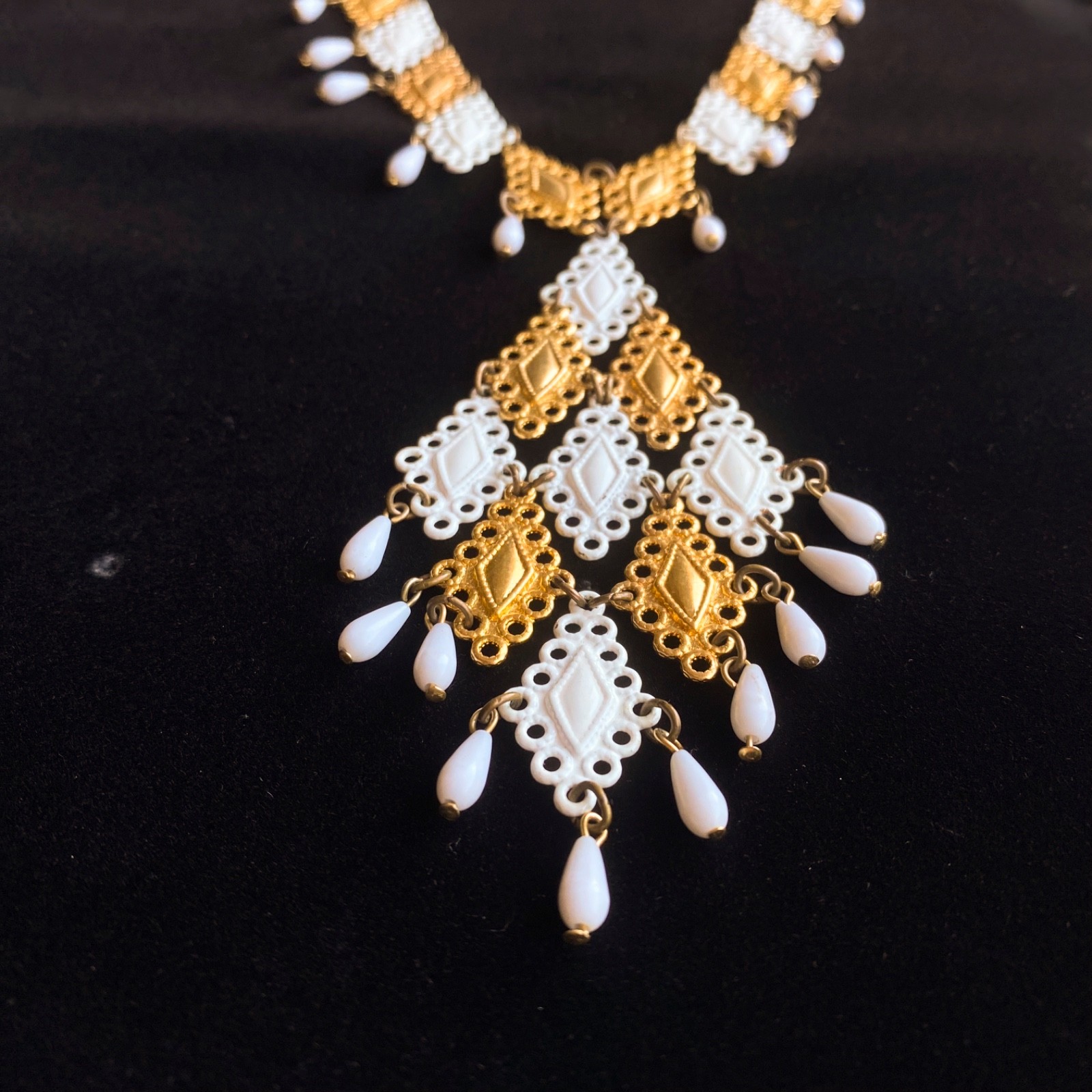 Vintage 60s 70s gold white pendant necklace filigree statement mid century mcm