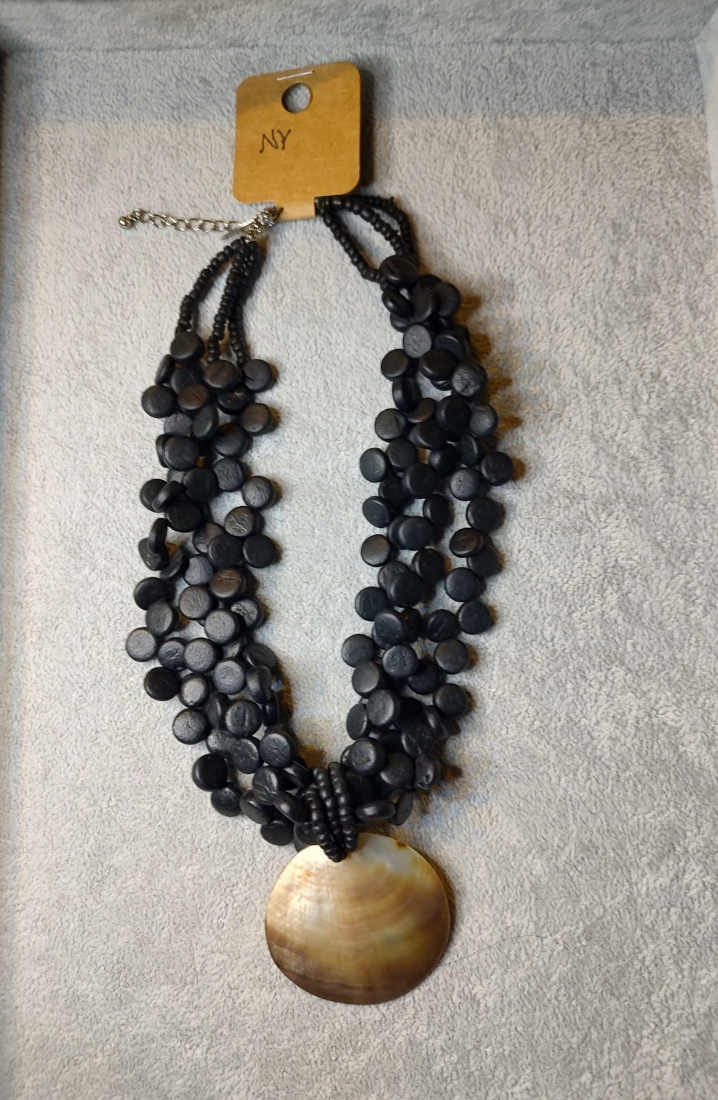 NY & Co Black Beaded Necklace Abalone Shell Statement Pendant Mother of Pearl