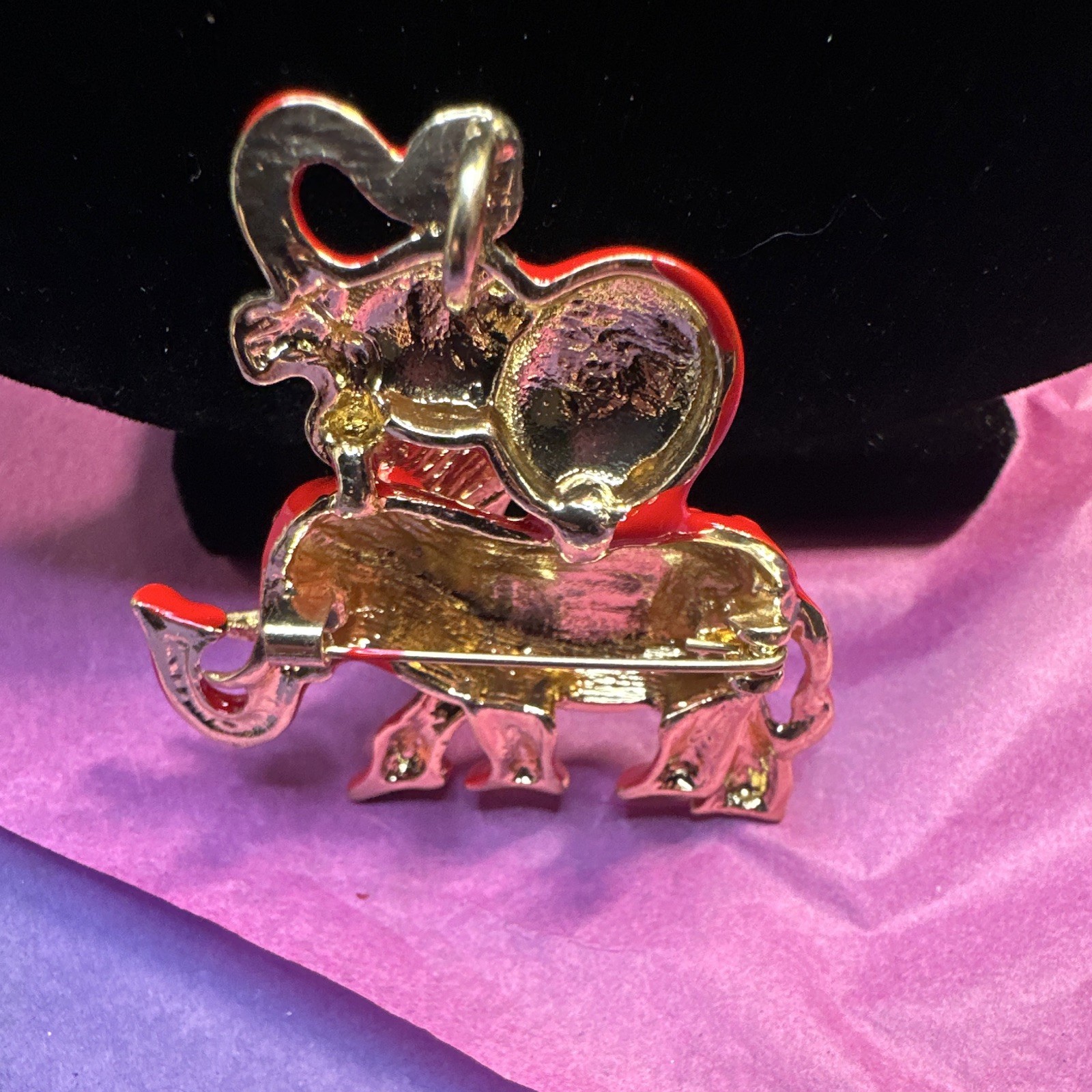 Red Enamel Elephant Brooch Pin Gold Tone Metal, Animals & Insects Theme