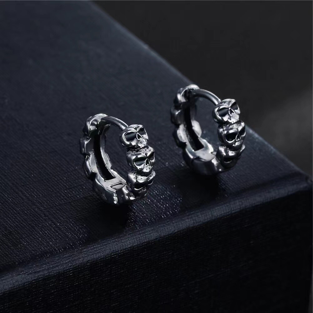 Mens Unisex Silver Small Skull Huggie Hoop Earrings Stainless Steel Punk Jewelry