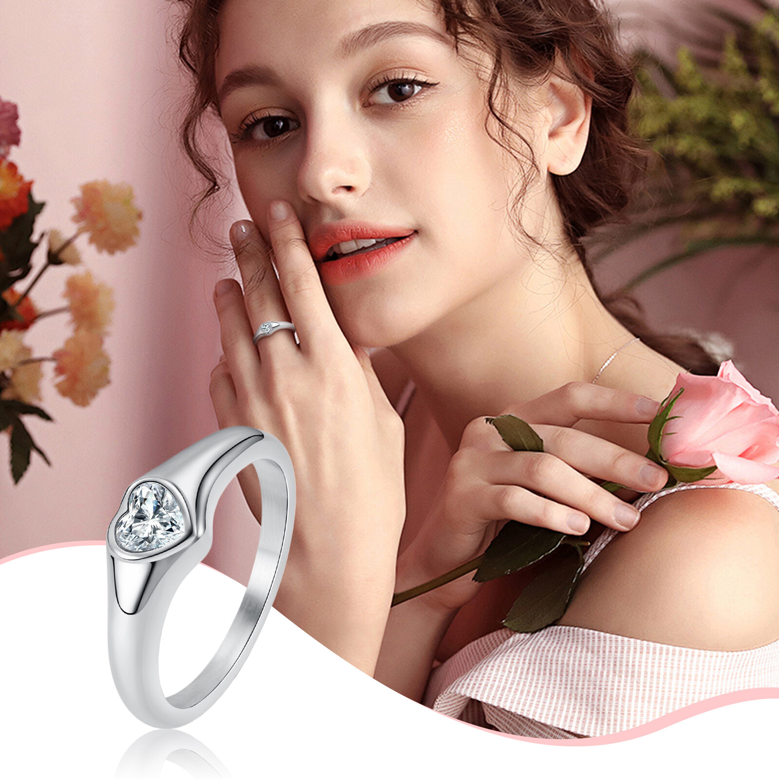 Women’s Love Heart Cubic Zirconia Wedding Ring Engagement Promise Band Size 6-10