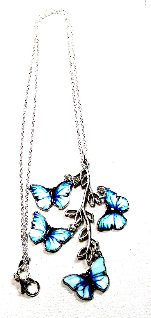Silver Tone Blue & White Butterflies On Branch 18″ Necklace -NWOT (#3133)