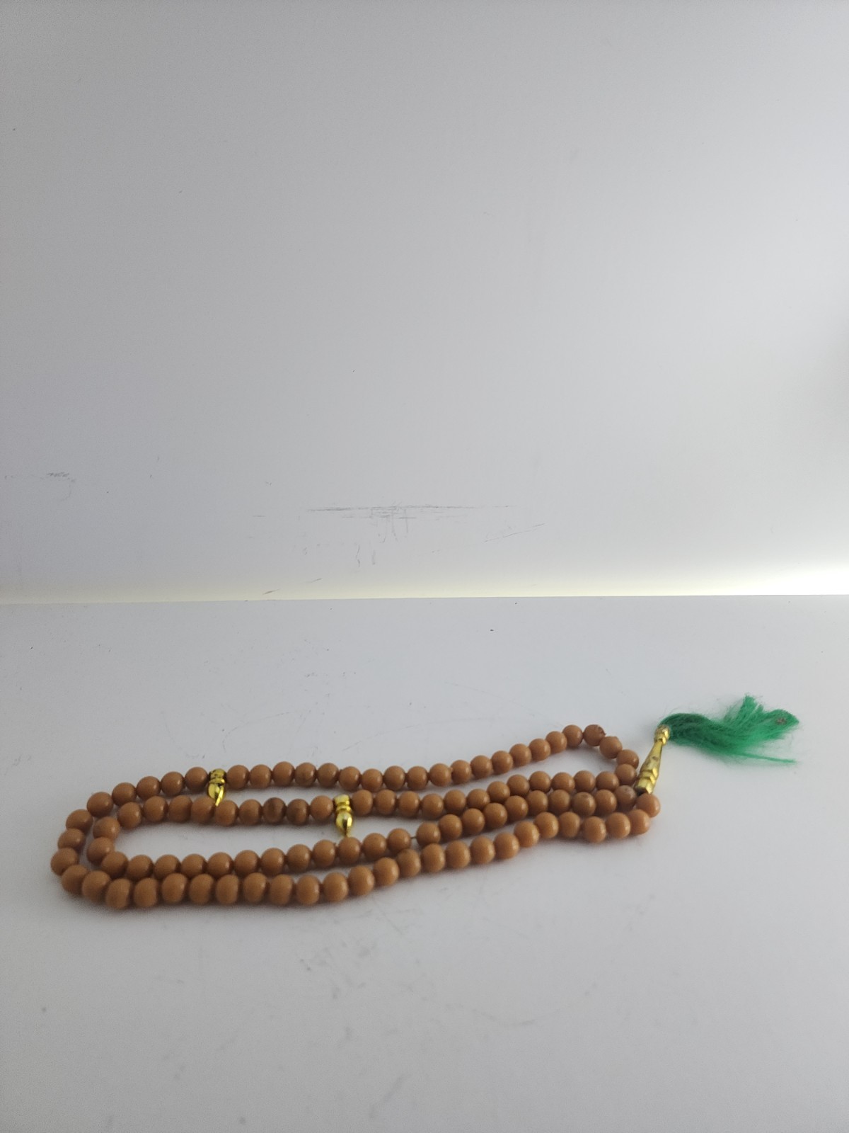 Brown Beige Beads Necklace Meditation Souvenir Green Tassel Gold Tone Charm