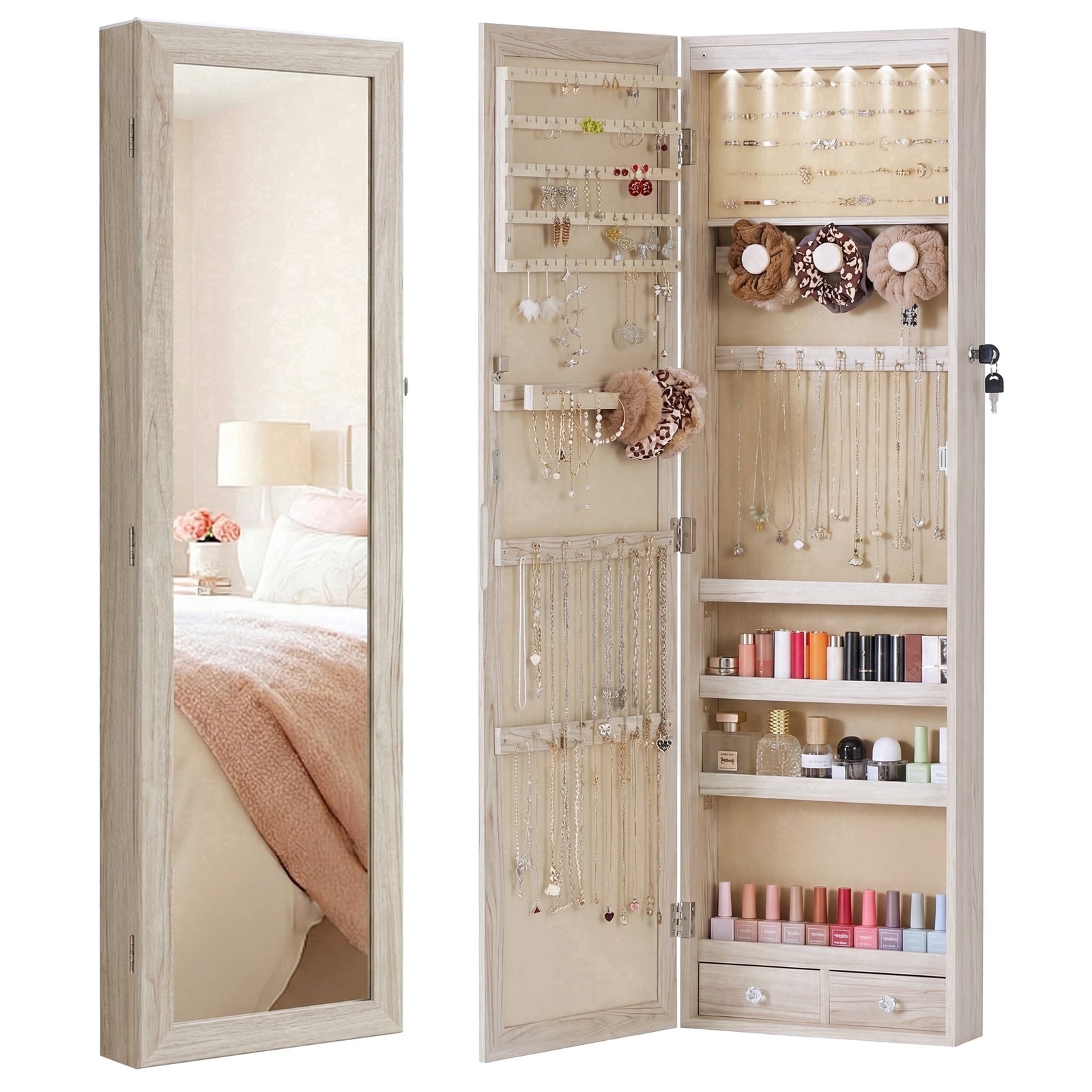 JHK Full Length Mirror Jewelry Cabinet w/ 6 LED Lights,Wall Mounted/Door Hanging