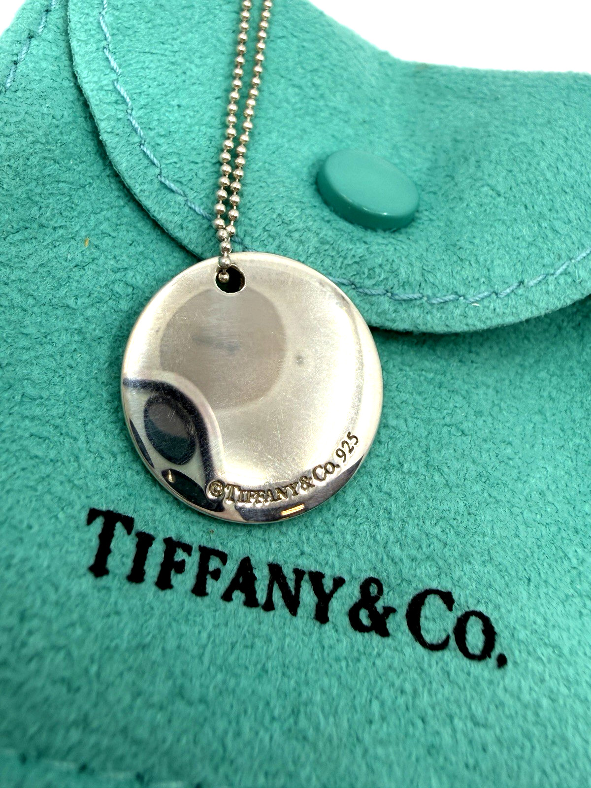 925 Tiffany & Co. Initial “M” Disc Pendant Beaded Necklace 18 Inches 6.3 grams
