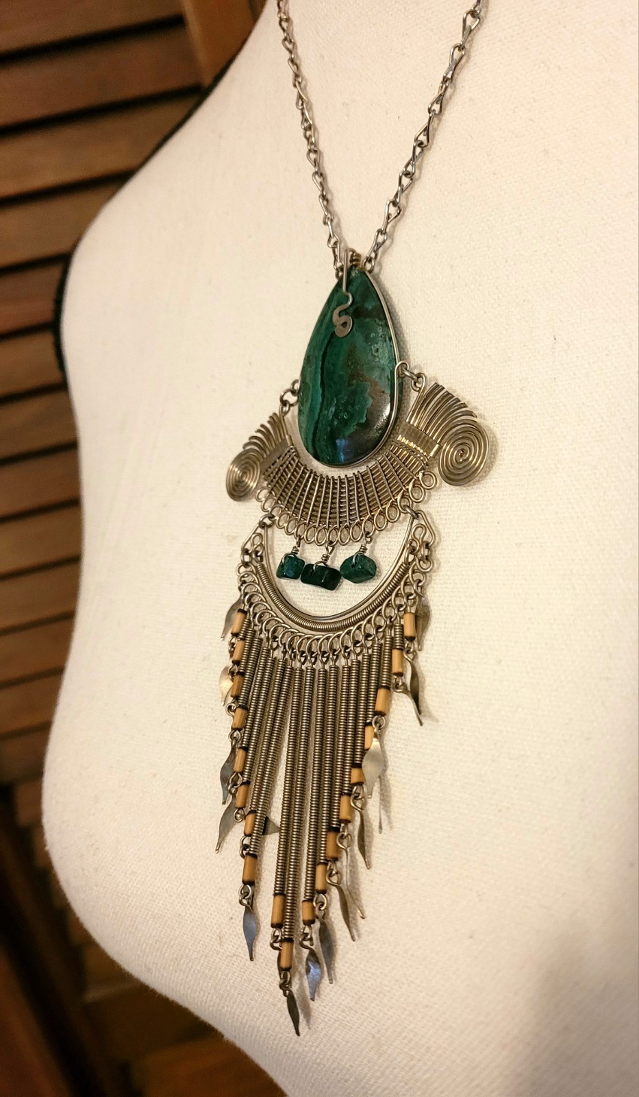 Chrysacolla Peruvian Silver Toned Statement Necklace Green Teardrop Pendant Hook