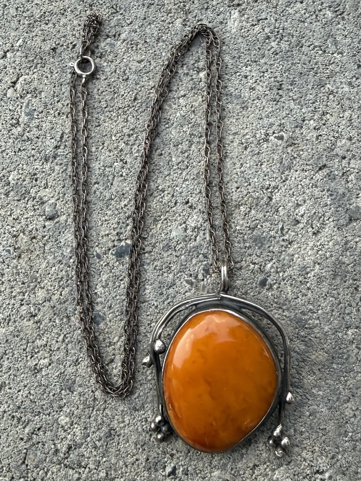 Large Mod Vintage Egg Yolk Butterscotch Amber Pendant Sterling Silver Necklace
