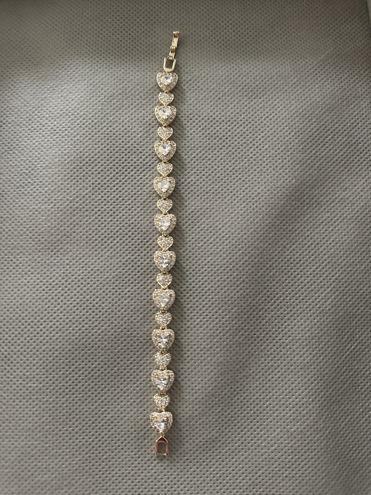 Gold Tone Heart Link Tennis Bracelet White Simulated Rhinestones Lobster Clasp