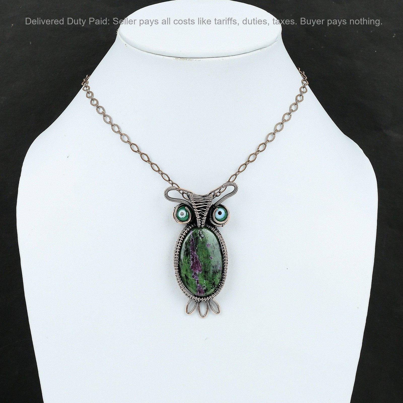 Ruby Zoisite Stone Green Color Evil Eye Copper Wire Wrapped Owl Pendant Jewelry