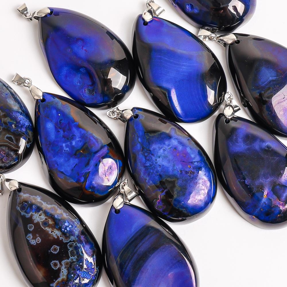 Natural Purple blue Teardrop Agate Top Drilled Gemstone Pendant 48X30X9MM